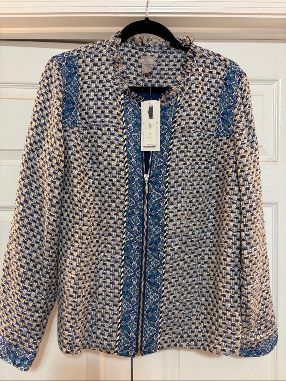 Chico's Blue and Cream Woven Zip Jacket with Patterned Trim (2 Chicos)